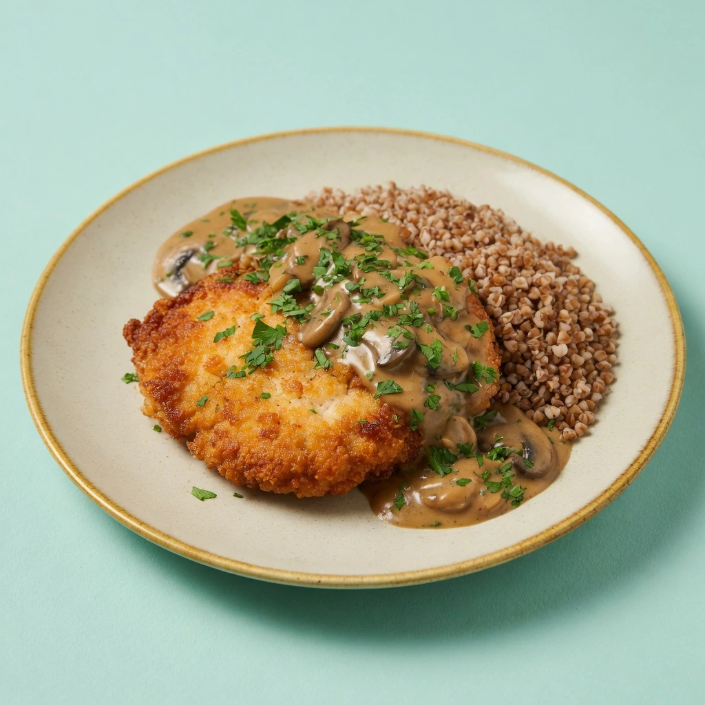 Котлета куриная с гречкой и грибным соусом
