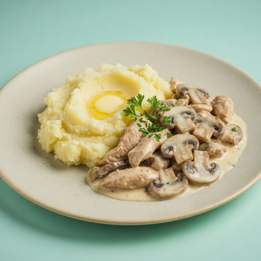 Строганов из курицы с картофельным пюре