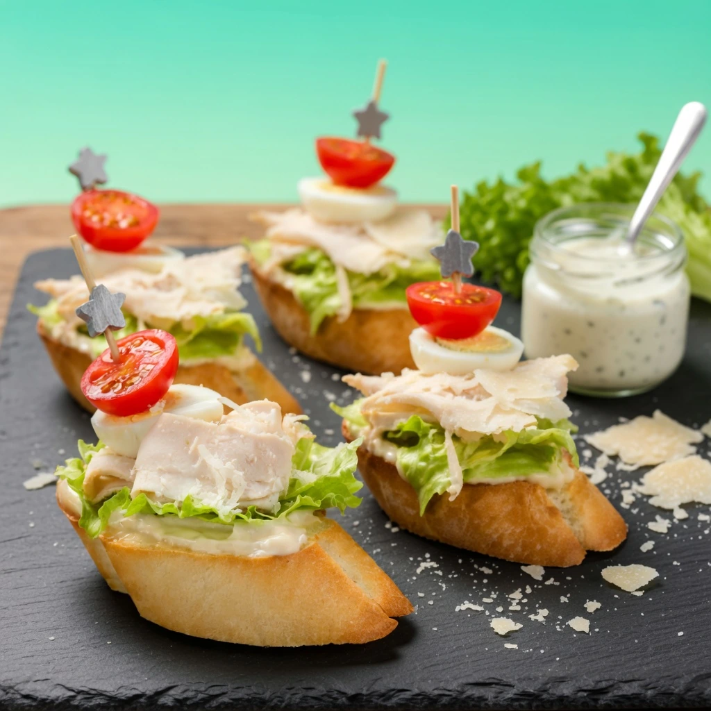 Брускетта с курицей и соусом «Цезарь»