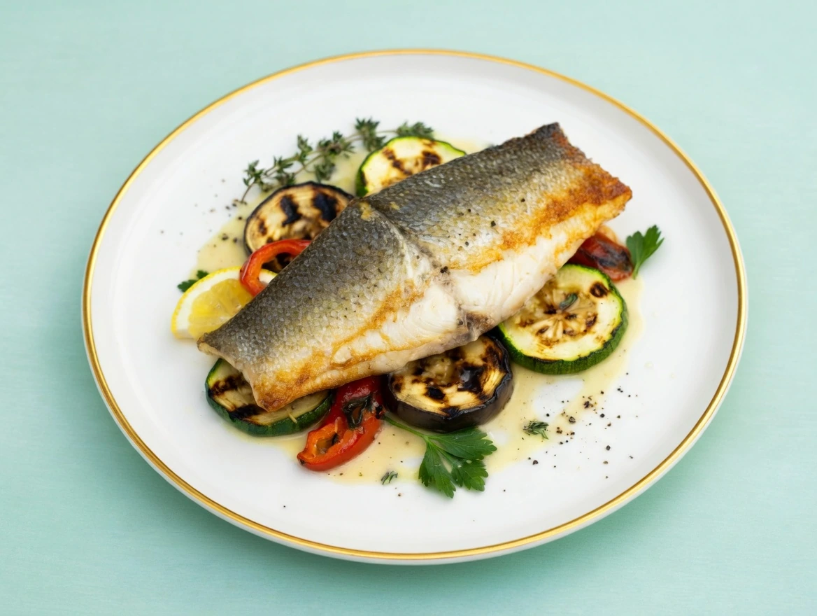 Сибас с овощами гриль и соусом бер-блан